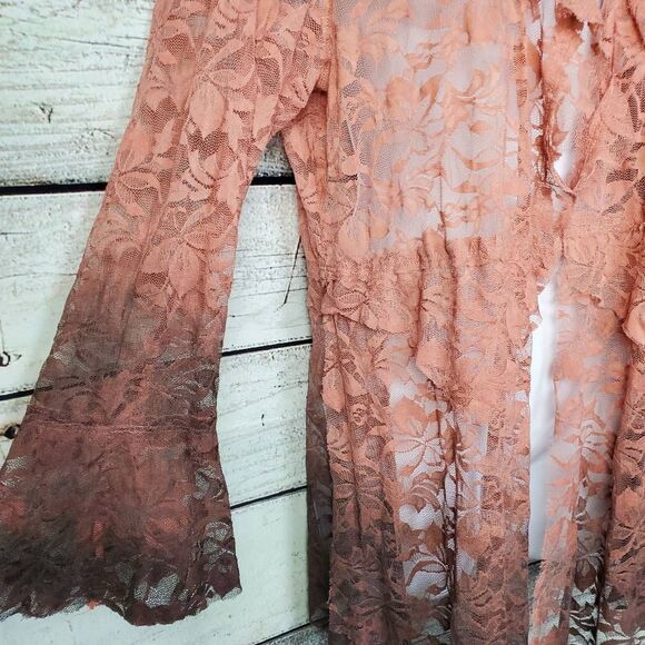 Voice of California Women’s Lace Longline Cardigan Top Rust Sheer Boho L - Picture 2 of 9